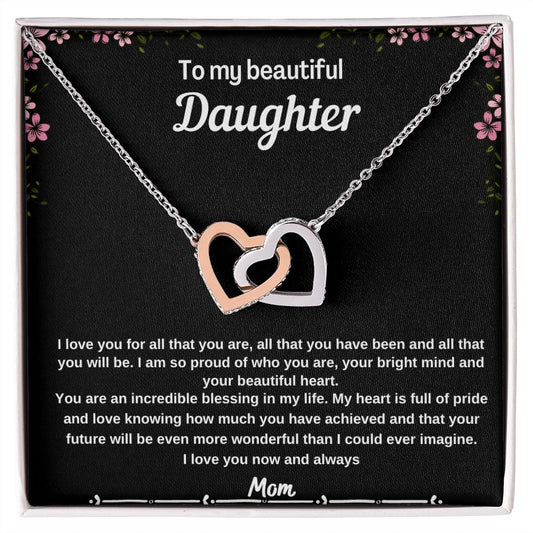Beautiful Daughter Interlocking Heart Necklace with Message Card From Mom
